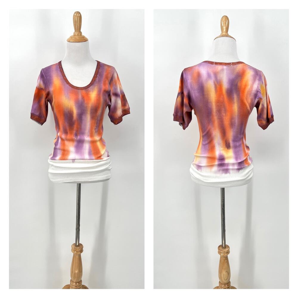 FREE PEOPLE X TRICIA FIX Reworked T-shirt S Orange Purple White Short Sleeve Rib